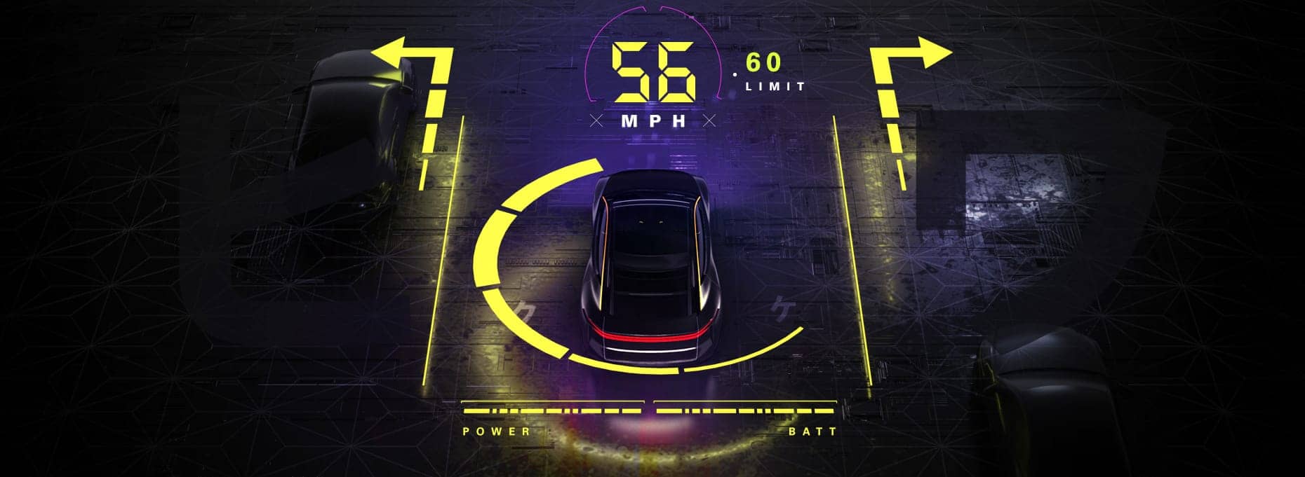 A 3D vehicle display interface shows a car with a speed of 56 MPH and a limit of 60, featuring arrows and power indicators.