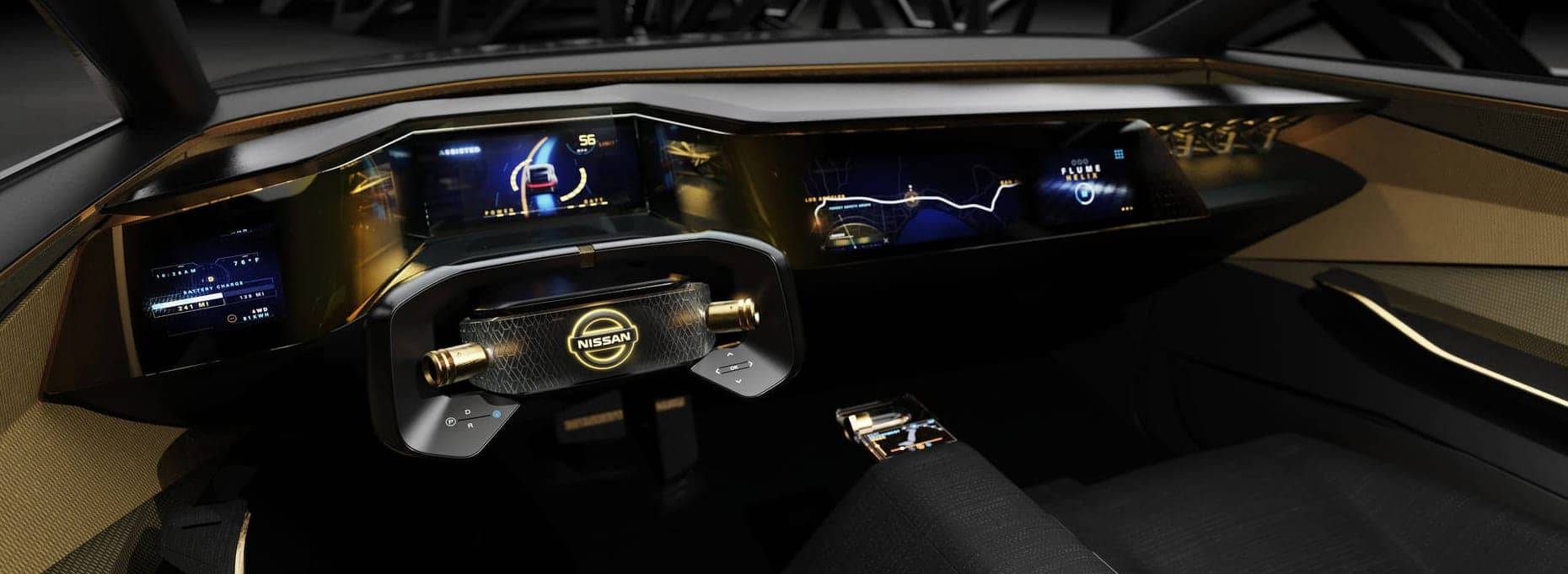 Nissan IMs concept car dashboard with digital displays showing navigation and battery charge, highlighting advanced technology.
