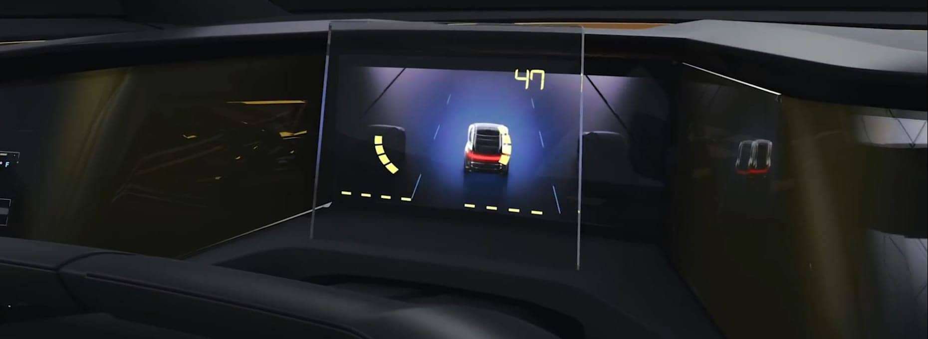 A car dashboard features a holographic overlay with an in-vehicle display showing a vehicle's rear view and speed of 47.