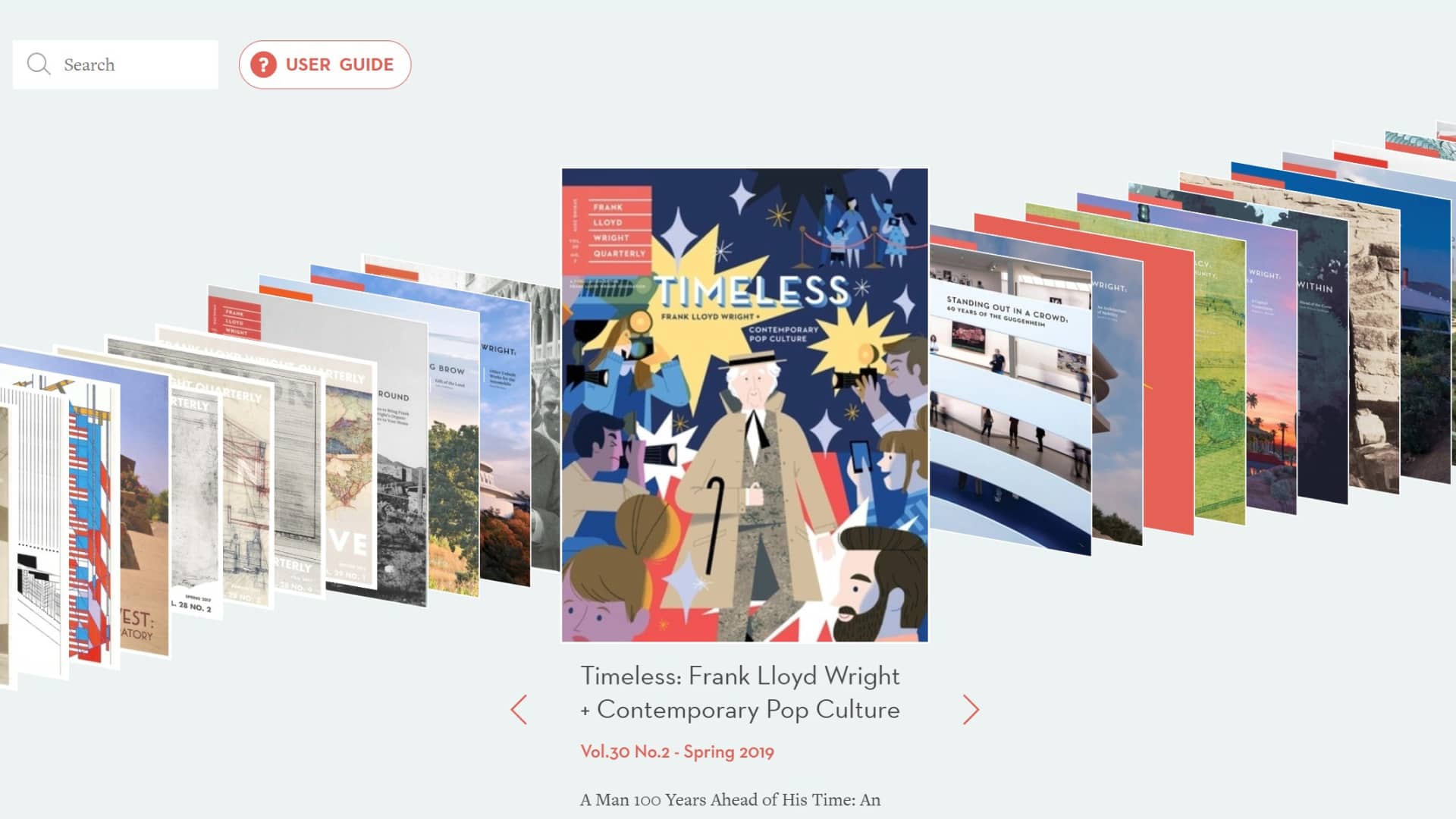 A digital publication archive displays a series of magazine covers featuring "Timeless: Frank Lloyd Wright + Contemporary Pop Culture."