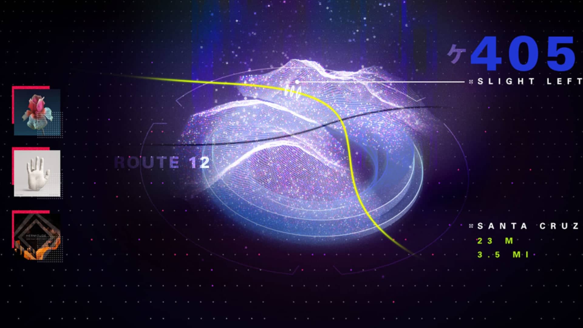 3D terrain display with vehicle UI shows Route 12, a slight left turn, and distance to Santa Cruz, alongside colorful icons.