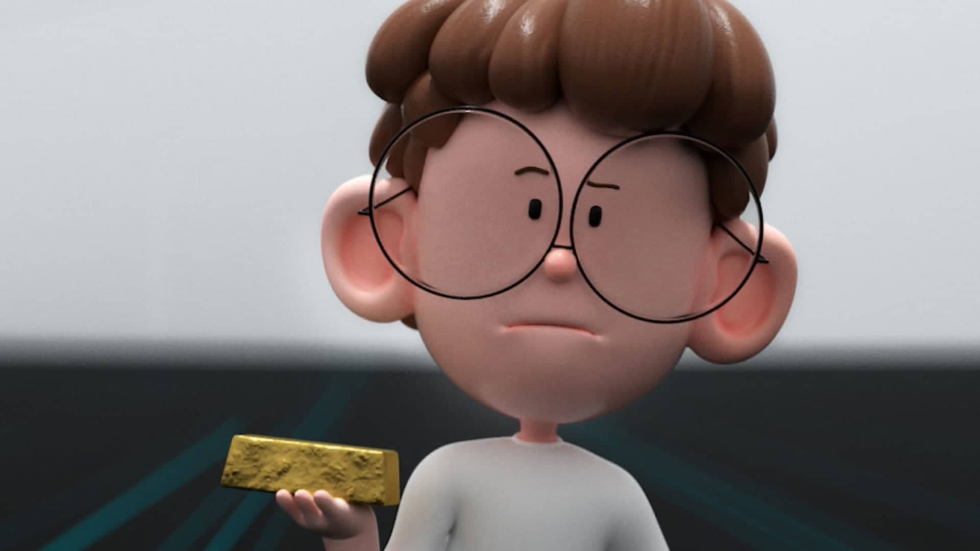 A cartoon character with large glasses holds a gold bar, symbolizing financial blockchain concepts like 0x technology.