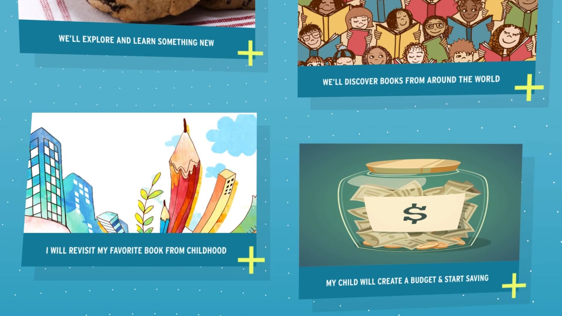 Colorful card UI with illustrations of books, pencil, and money jar, featuring text about learning, reading, and saving.