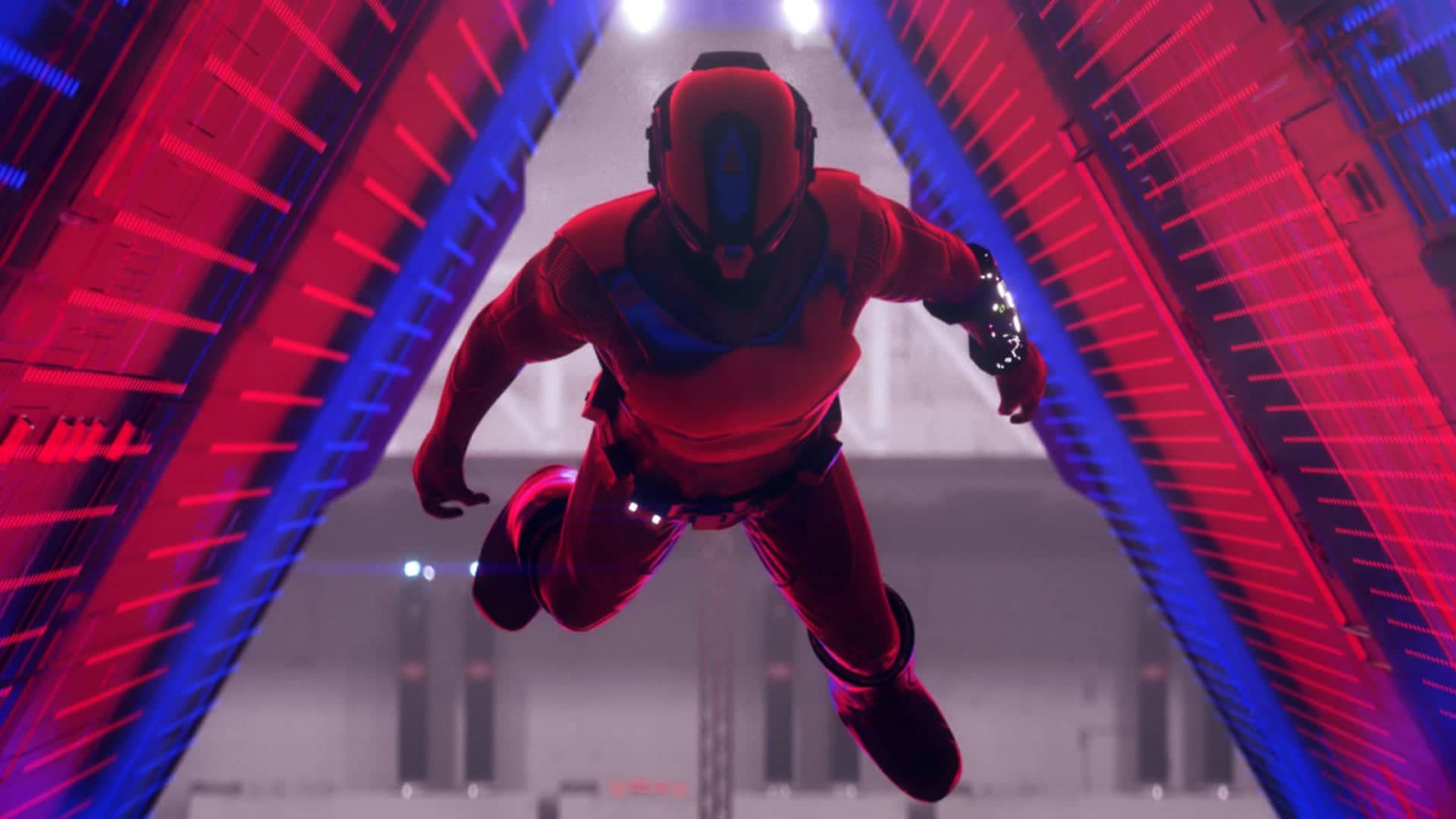 A futuristic figure in a red and blue suit floats in a neon-lit tunnel, resembling a scene from a 3D music video.