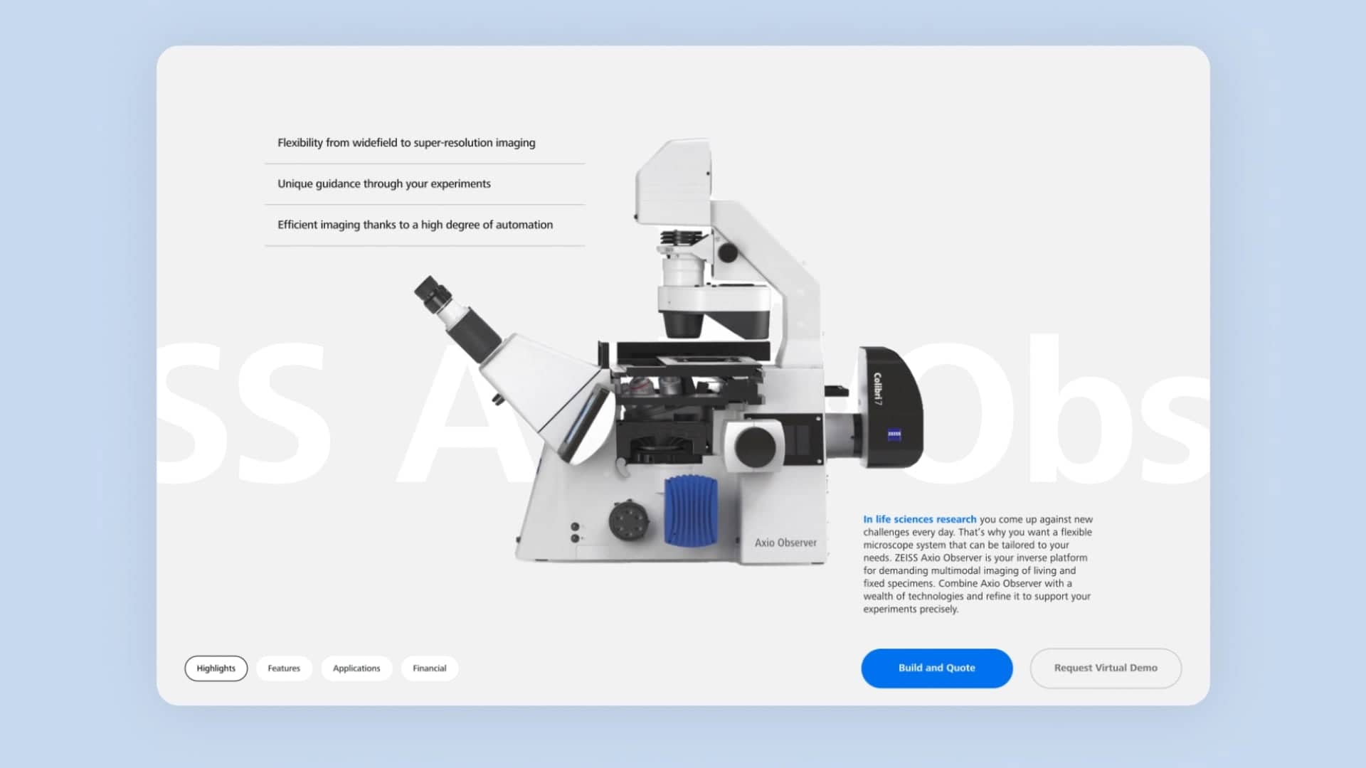 Zeiss microscope Axio Observer on display with features emphasizing flexibility, guidance, and automation for imaging.