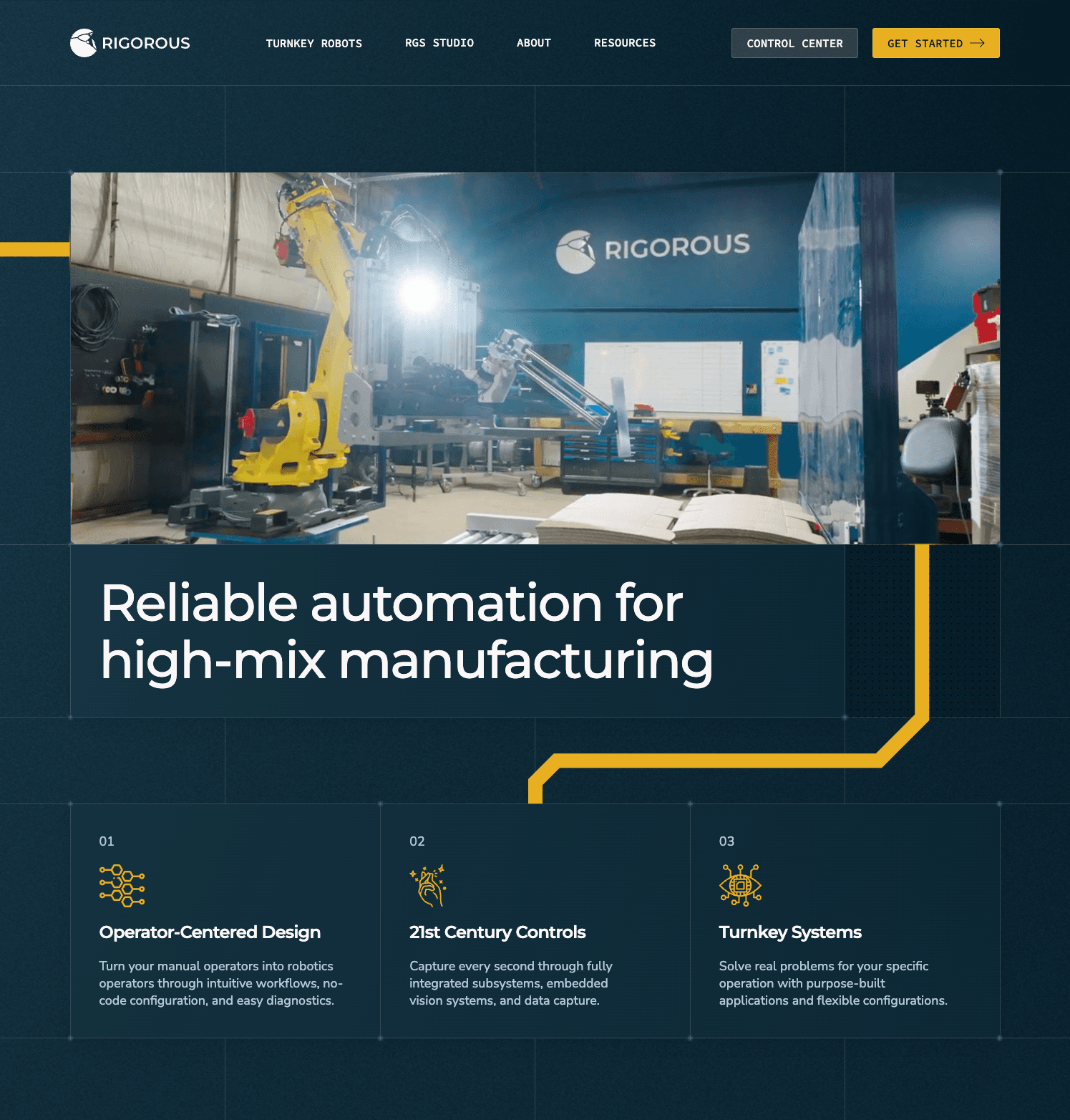 A robotic arm operates in a workshop, showcasing reliable automation for high-mix manufacturing on a robotics company homepage.