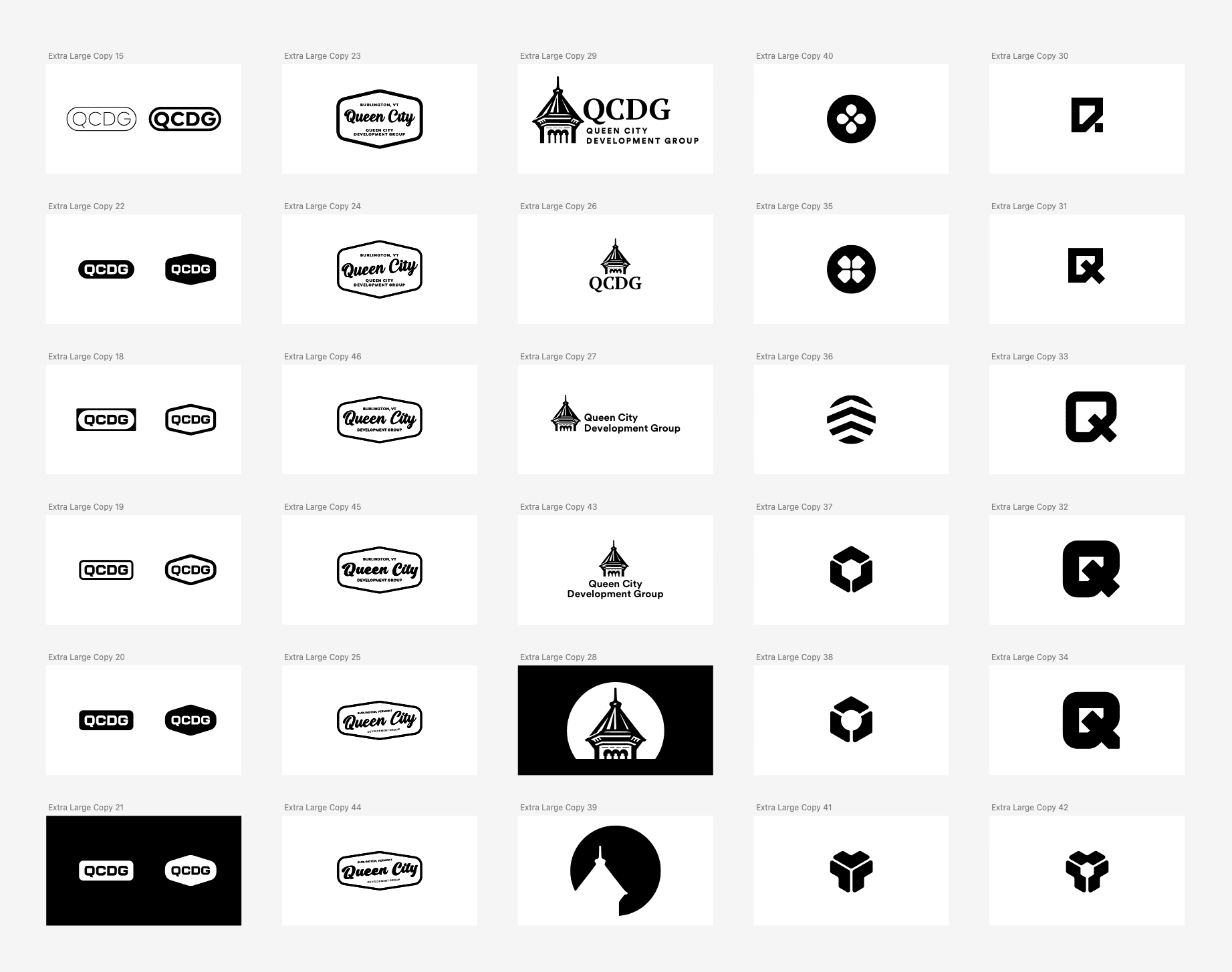 Grid of logo designs for "Queen City Development Group," showcasing various styles and layouts, illustrating a brainstorm process.
