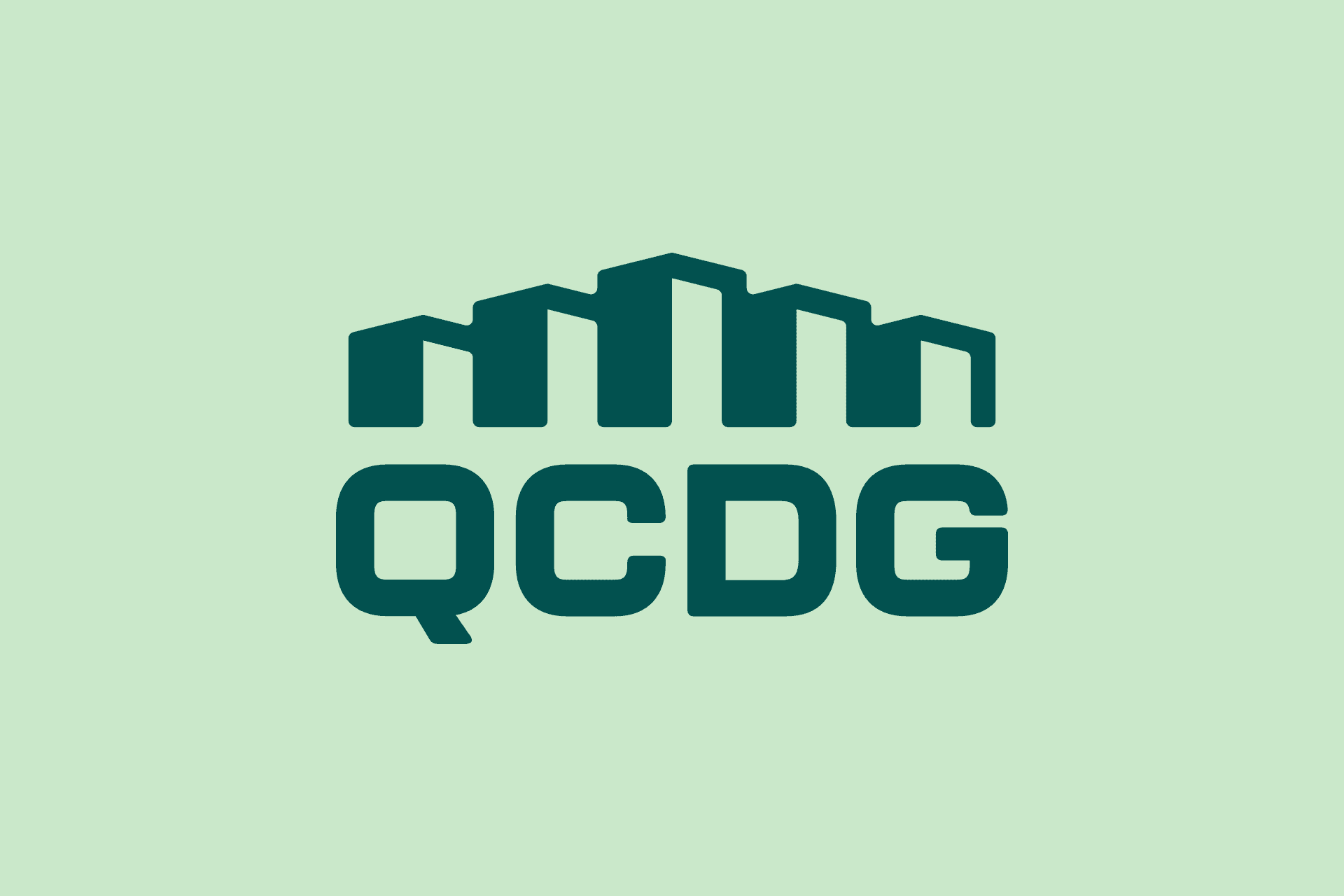 Logo featuring dark green buildings and the text "QCDG" on a light green background, emphasizing urban architecture design.