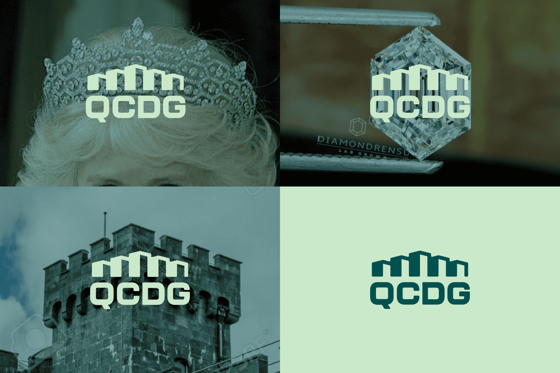 QCDG logo displayed on a crown, diamond, and castle, showcasing diverse inspiration sources for logo design.