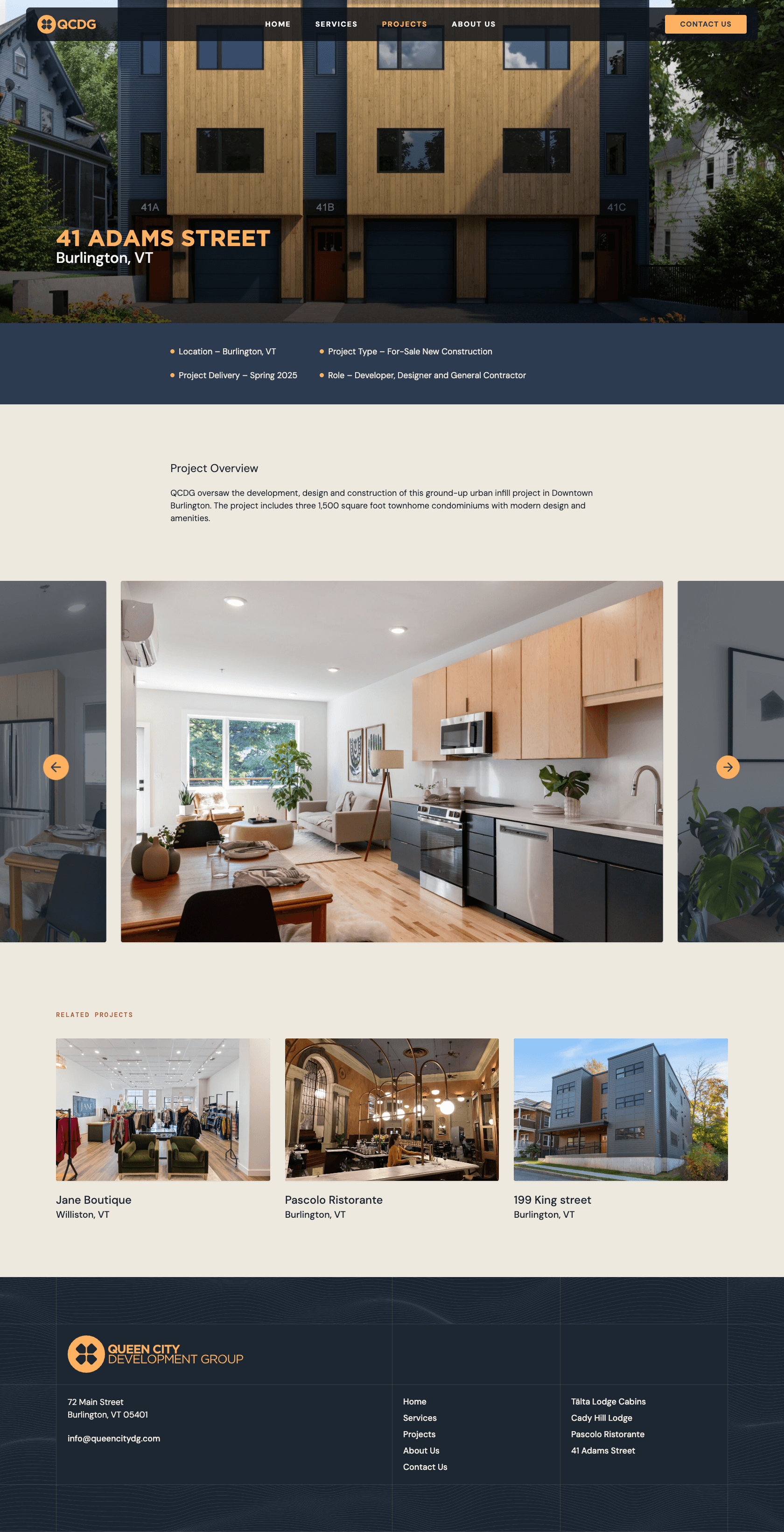 Webpage showcasing a modern townhouse project at 41 Adams Street, Burlington, VT, with interior and related project details.