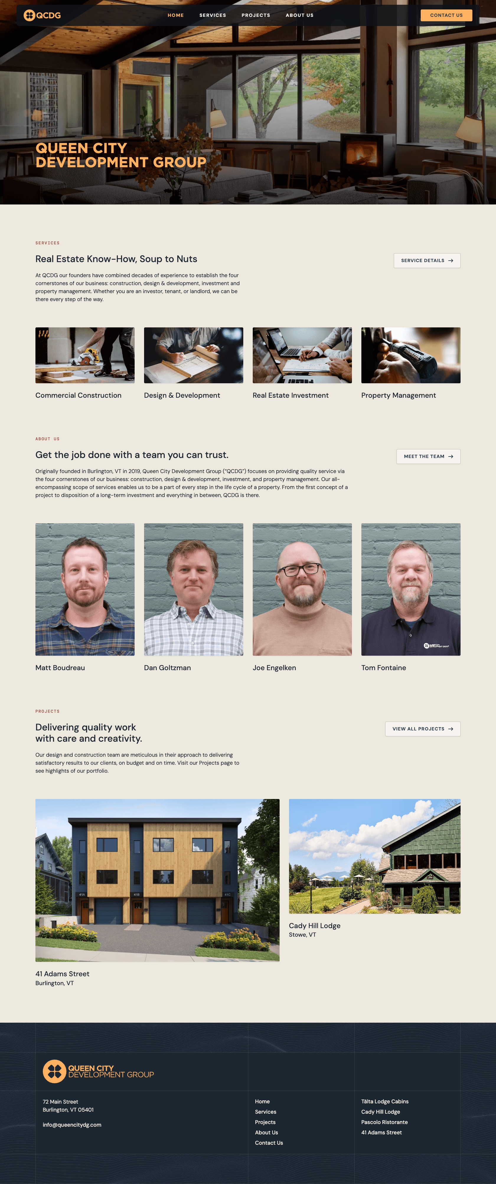 Queen City Development Group homepage showcasing real estate services and team members with a focus on responsive web design.