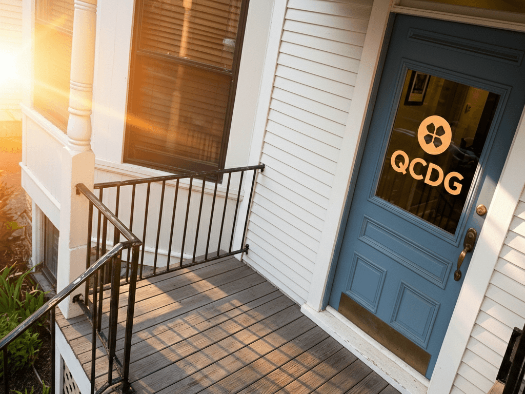 Sunlight illuminates a house entrance with a blue door featuring "QCDG" signage, highlighting effective branding.