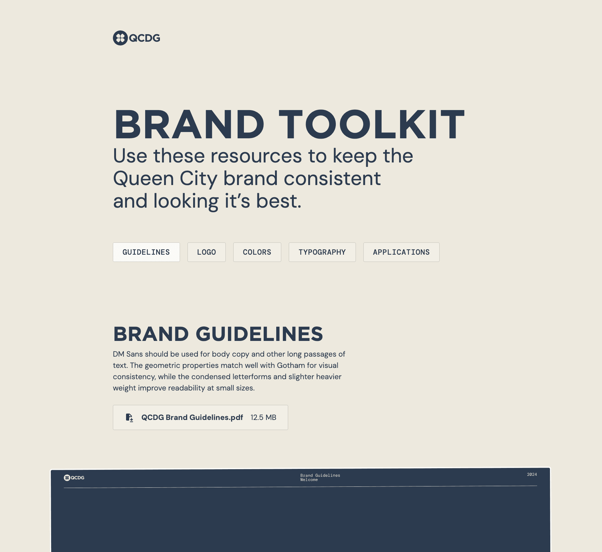 Online brand toolkit page with tabs for guidelines, logo, colors, typography, and applications, featuring a downloadable PDF.
